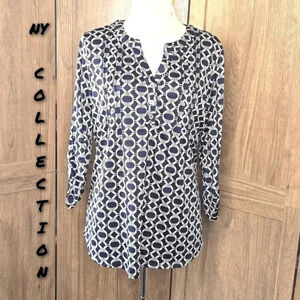 NY Collection Navy Geometric Print Split Neck Blouse XL
